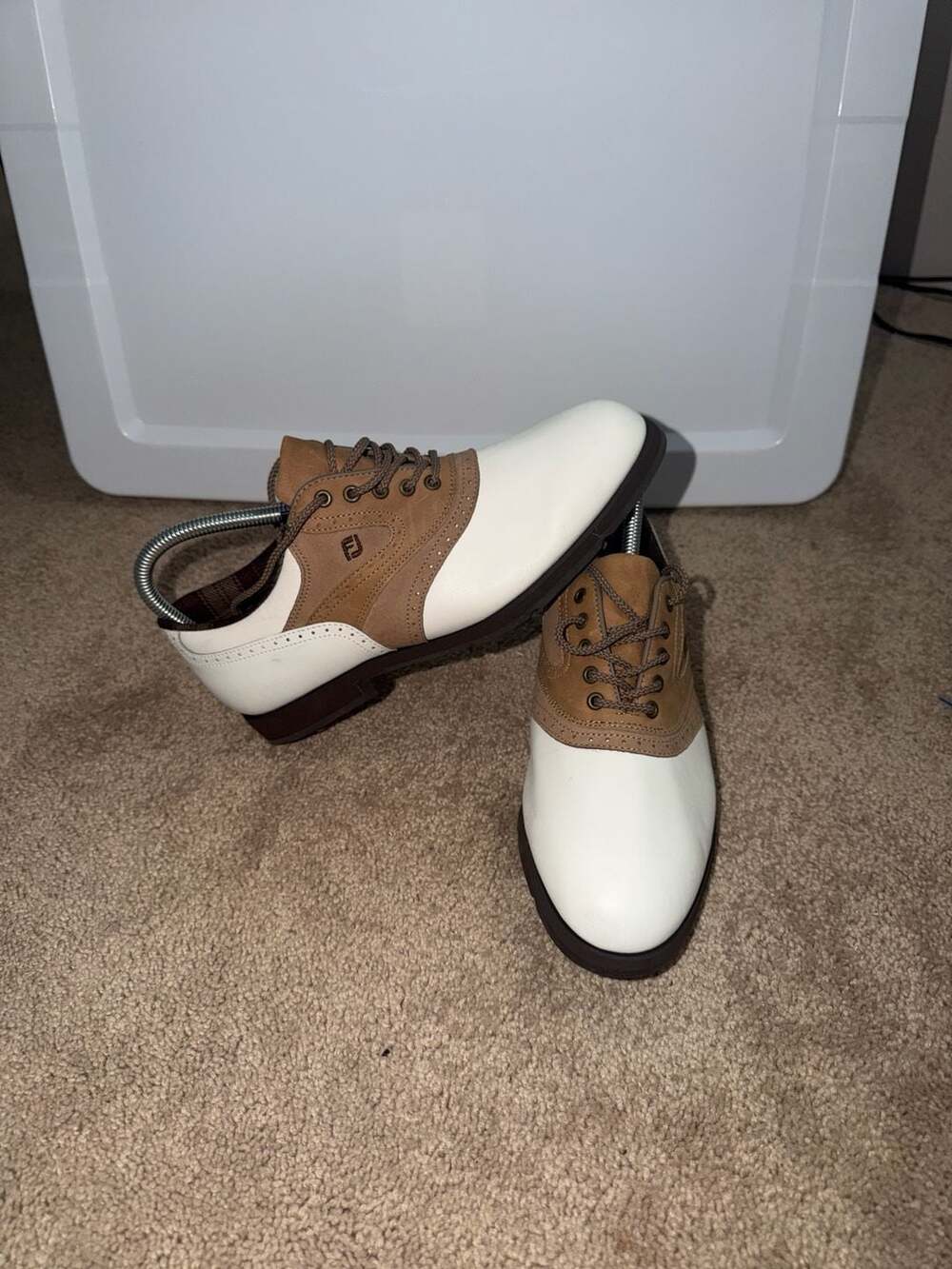FootJoy SoftJoys Terrains Men’s White and Brown Saddle Leather Golf Shoes